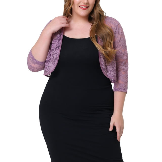GRACE & GRANDEUR Boléro Court Élégant à Manches 1/2 Ajouré pour Femme Grande Taille2X Violet