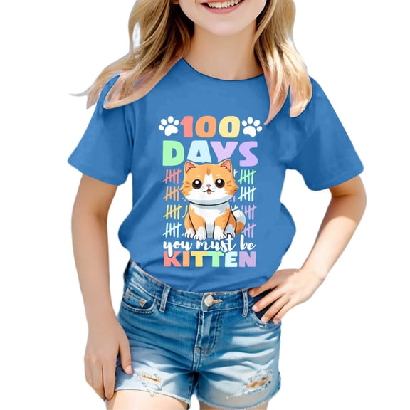 XEGLSBU Girls Shirts Size 12/14 Shirts for Teen Kids Girls Child Short Sleeve 100 Days of School Prints T Shirt Trendy Girls Fans Present Tops Blue Size 8-9 Years