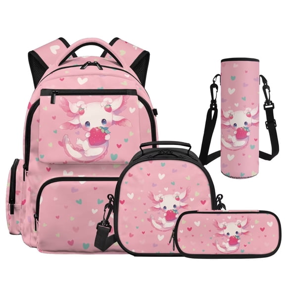 KUIFORTI Strawberry Axolotl Elementary School Bag Set with Lunch Bag, 4Pcs Kids Backpack for Girls, Cute Bookbag with Pencil Pouch & Water Bottle Sleeve for Back to School Gifts