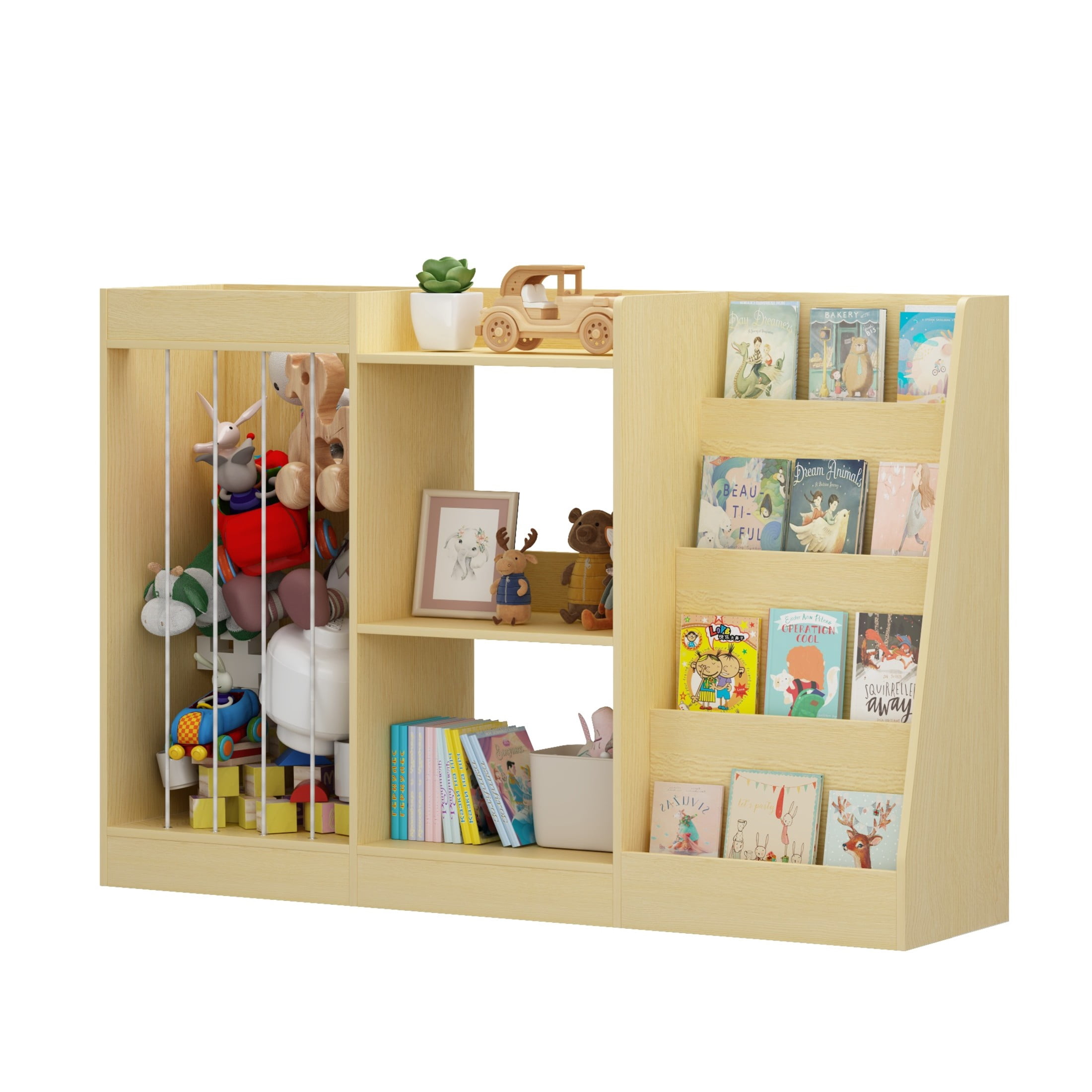 Noble House Aldo Kids 4-Tier Montessori Bookshelf & Toy Organizer, 3-in-1 Baby Storage Bookcase, Natural