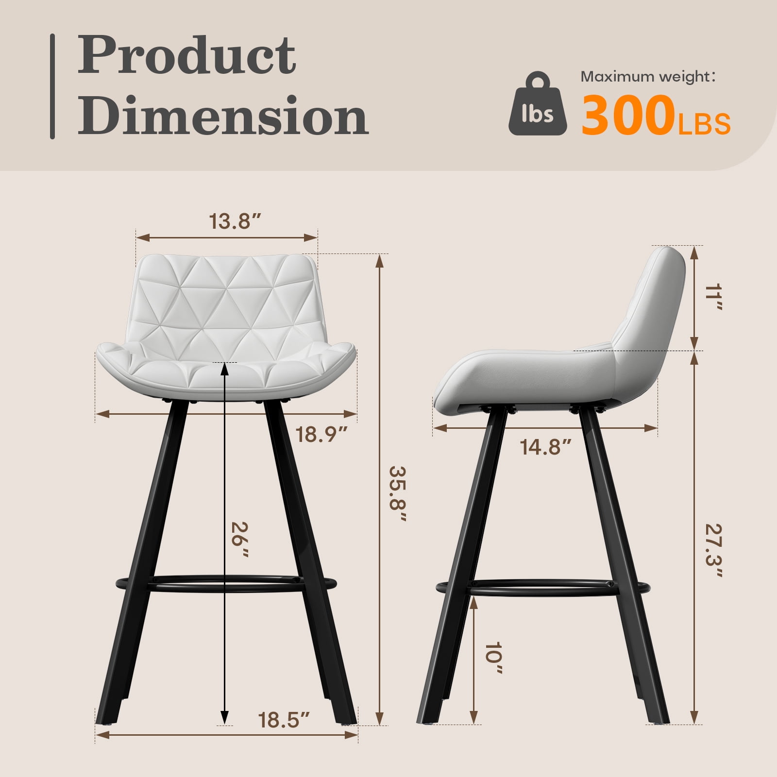 Genpo Bar Stools Set of 3, 26" Kitchen Counter Height Bar Stools with Back Metal Legs and Footrest, White Leather Barstools for Kitchen Island