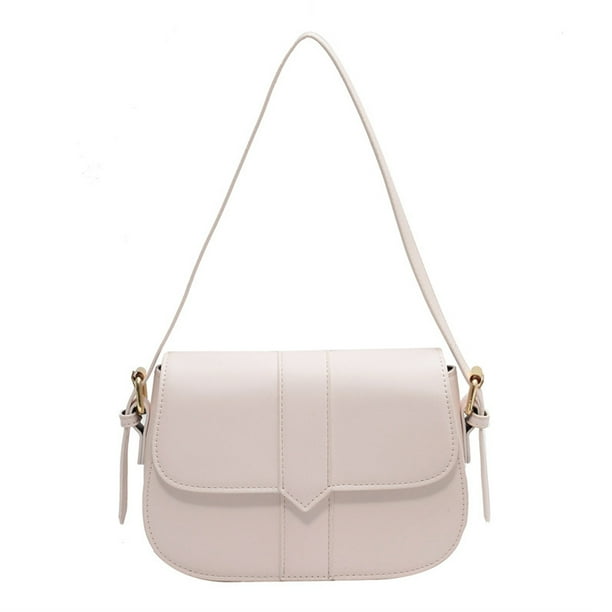 Bolso bandolera de piel sintética estilo retro a la moda, bolso de hombro para mujer, bolso de mano para debajo del brazo de color liso, color blanco cremoso