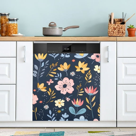 Colorful Flowers and Leaf Dishwasher Magnet Cover Magnetic Fridge Door Cover Home Kitchen Decor 23"x 26"