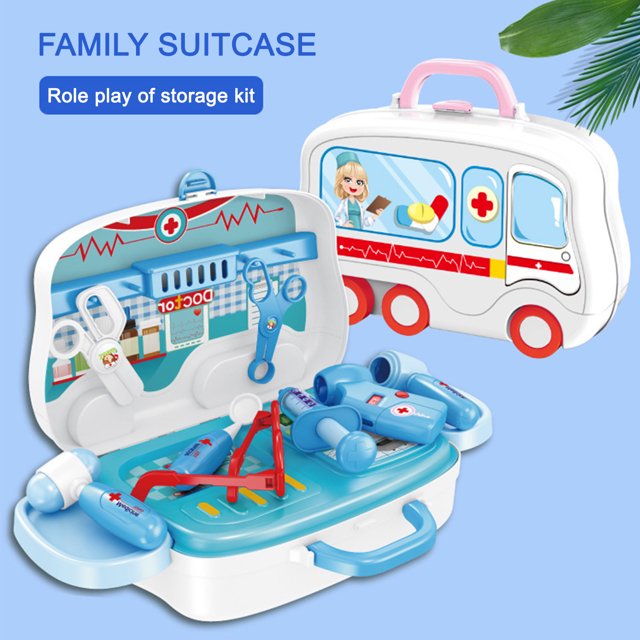 casa de juegos para niños, juguete de cocina para niños y niñas, simulación de cocina, juguete para jugar a las casitas, juego de cocina para bebés maleta portátil con forma de ambulancia blanca y detalles rojos y asa rosa; vista abierta mostrando cocina simulada con bandeja azul y accesorios azules y rojos organizados (ollas, utensilios, tijeras), tamaño 30*10,5 x 23,8 cm, almacenamiento integrado y anillo de transporte reforzado, también adecuada para llevar y recrear juegos de rol durante viajes.