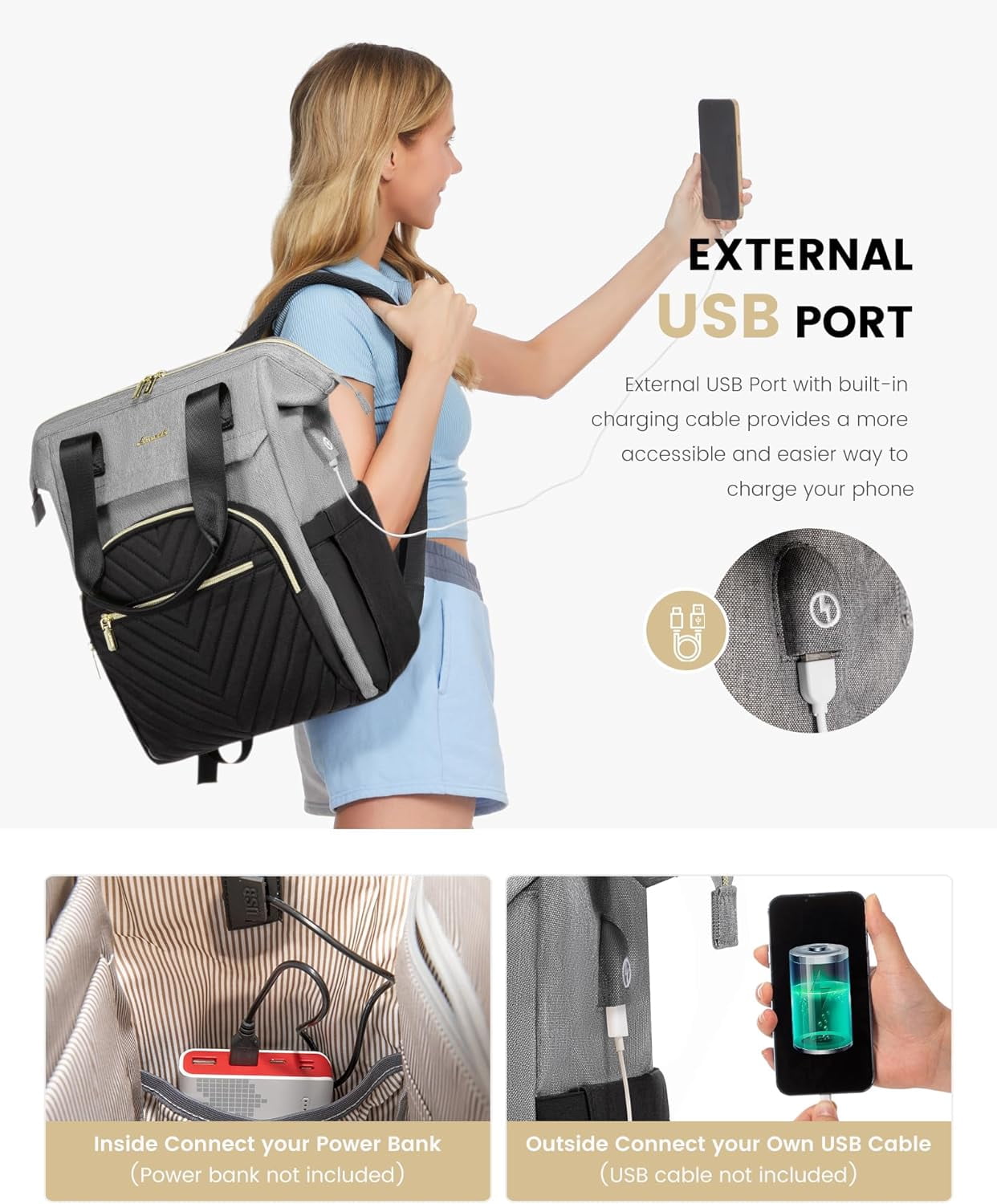 Laptop Backpack for Women, 15.6 Inch Work Laptop Bag，Waterproof Teacher Nurse Bag with USB Port, Fashion Travel Bag Business Computer Backpack Purse,Beige-Khaki