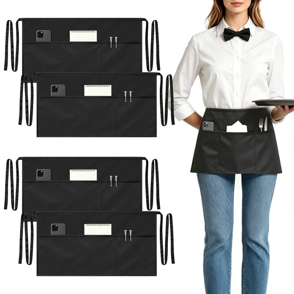 4pcs Server Aprons, Waitress Waist Apron with 3 Pockets, Water-resistant Waiter Half Short Serving Apron for Women Men