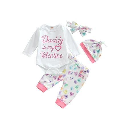 

Ma&Baby Newborn Baby Girls Valentine s Day 4Pcs Set Long Sleeve Letters Print Romper Heart Print Pants Headband Hat Outfit