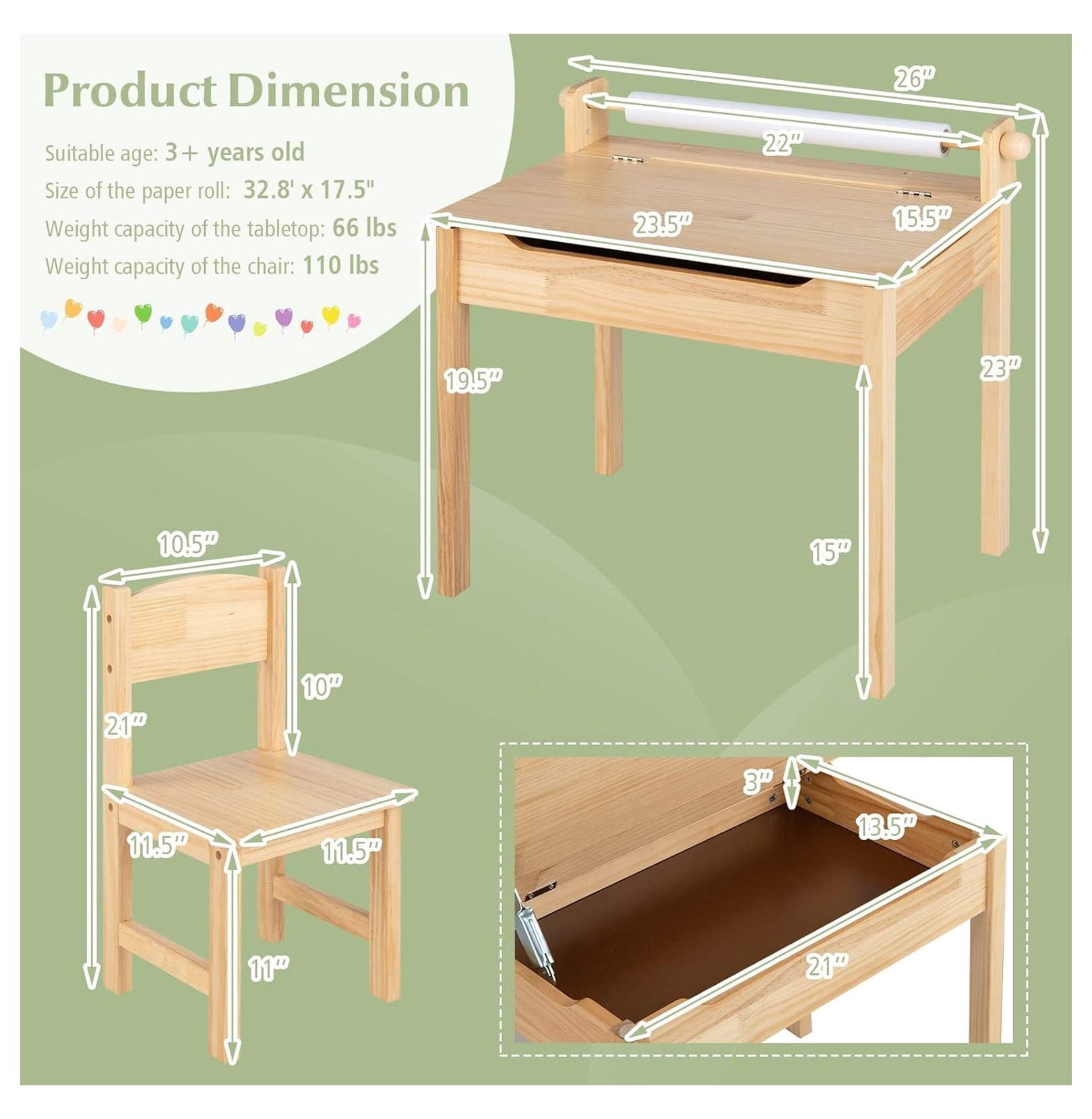 Kids Activity Table Set with Paper Roll Holder and Pen Slot, 21" x 13.5" x 7", Natural 1