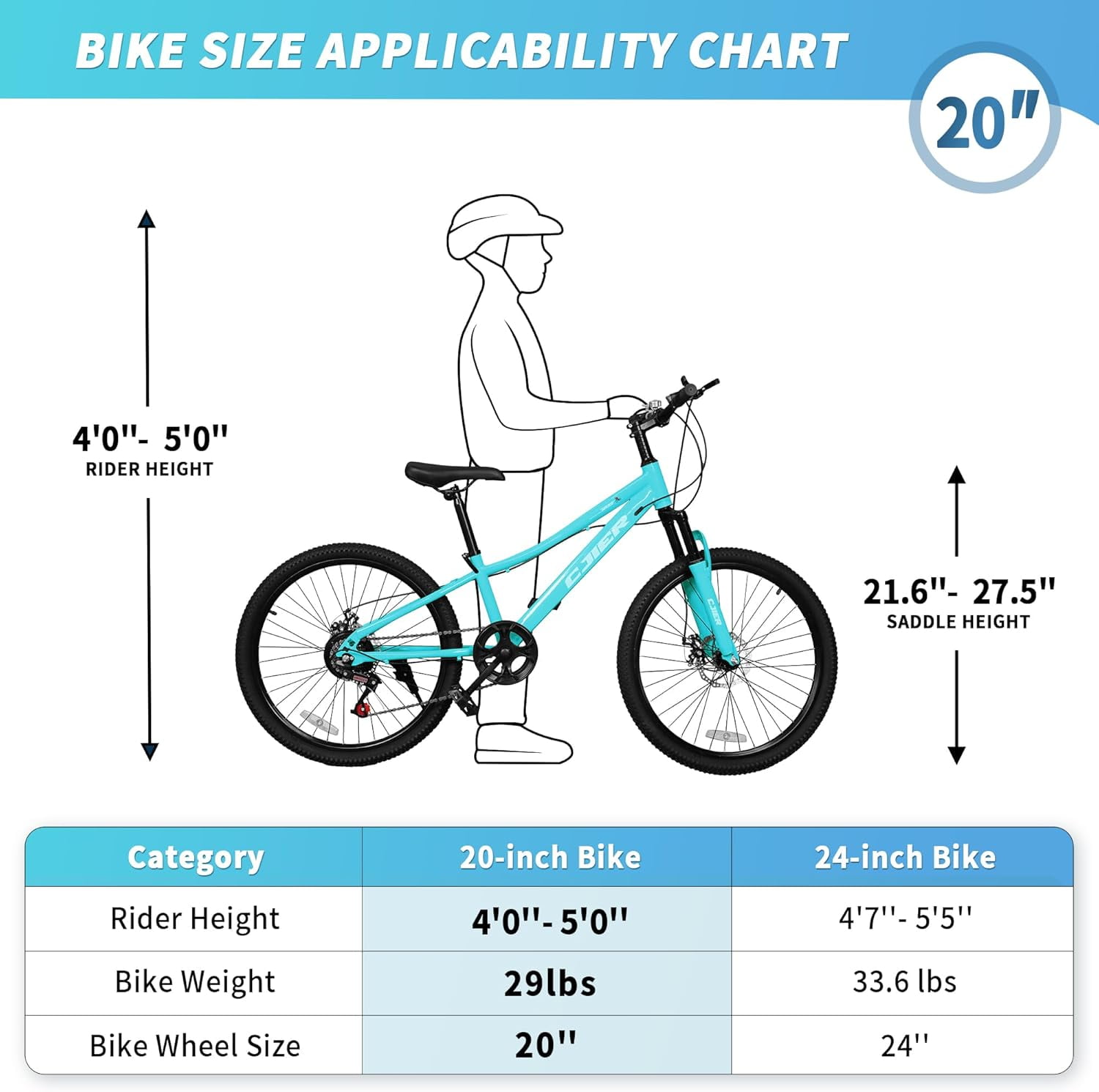 20 Inch Mountain Bike for Kids, Akaber Bicycles for Boys Girls 6-14 Years, 7 Speed Gears, Suspension Fork, Dual Disc Brakes, Anti-Slip Tires