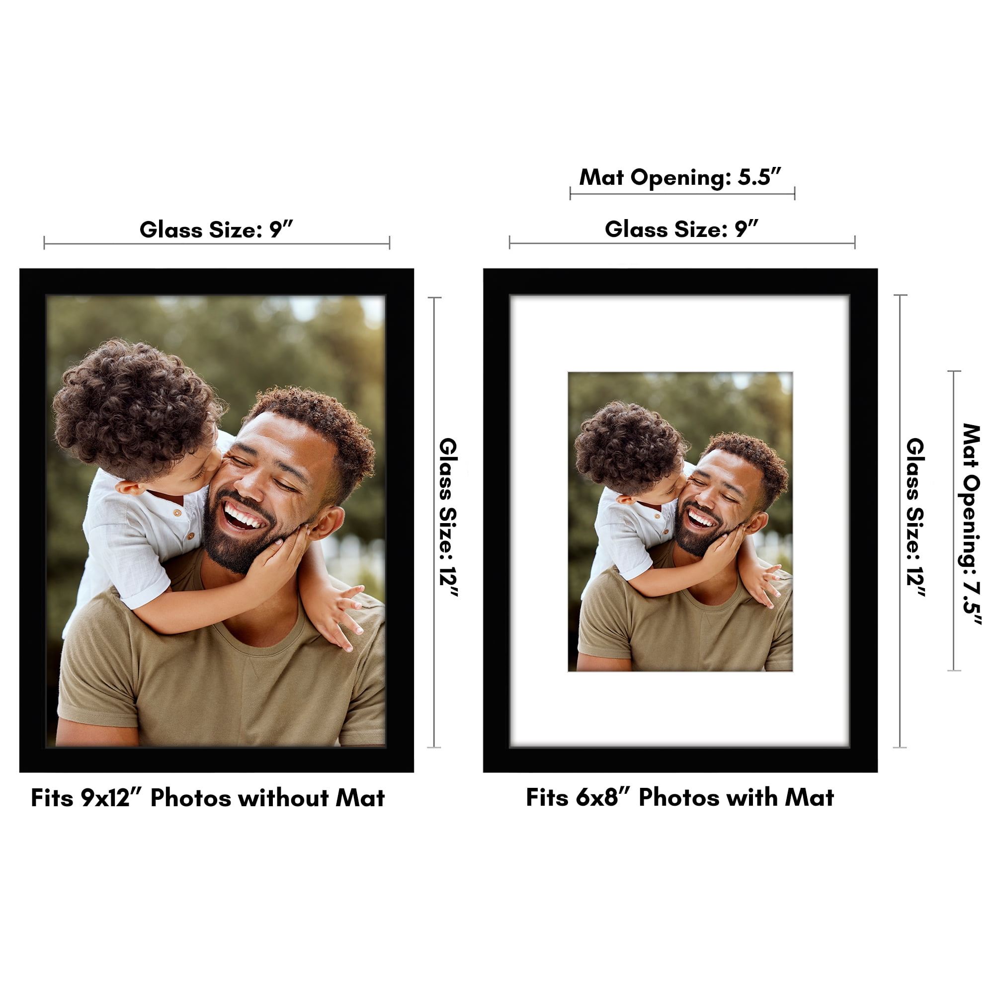 Americanflat 9x12 Picture Frame with Shatter-Resistant Glass with 6x8 Mat Display Photo Signature - Black