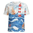 thumbnail image 5 of Lighthouse Sailboats Waves Womens Tops Women's Fashion Casual Short Sleeve Flower Print Round Neck Pullover Top Blouse, 5 of 7