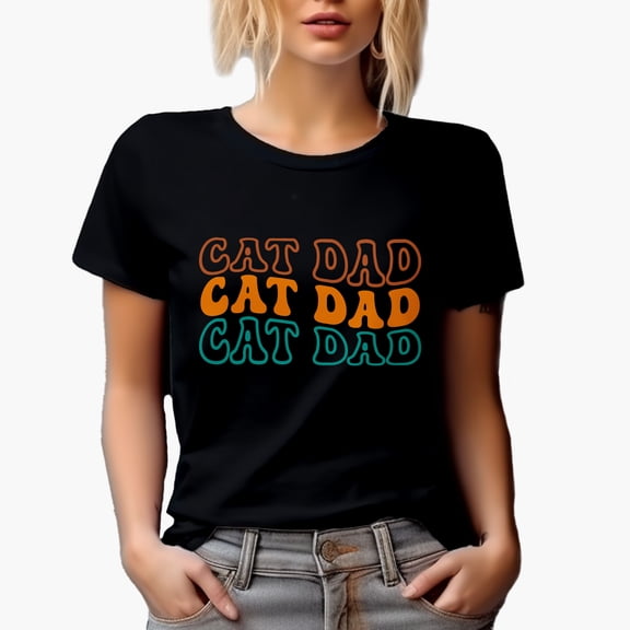 Cat Dad, Cat Owner or Lover Fathers Themed, Groovy Retro Wavy Text Merch Gift, Black T-Shirt, Small