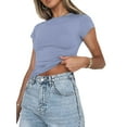 thumbnail image 3 of Women Y2k Short Sleeve Crop Tops Round Neck Solid Slim Fit Tee Shirt Casual Workout Yoga Cropped Shirt Top, 3 of 5