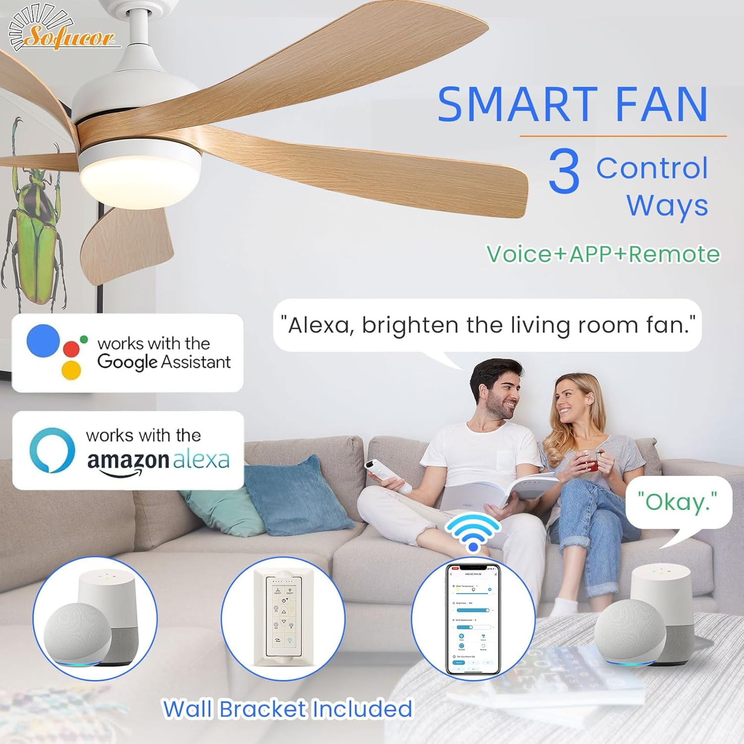 Sofucor 52" Smart Ceiling Fan, Indoor/Outdoor Ceiling Fans with Lights and Remote, Works with Alexa/Google/App, 3-Color Light 6-Speed Timing