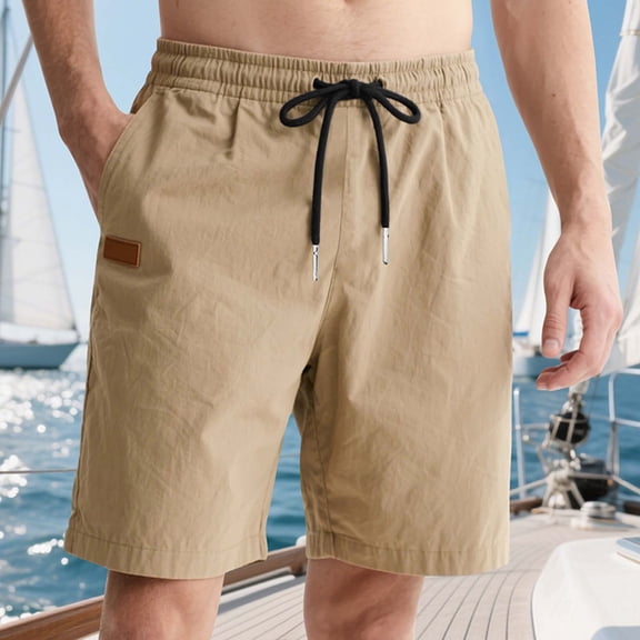 Shorts Men Man Solid Color Fashion Fallow Pockets Tether Waist Leather Label Pants Khaki XXL