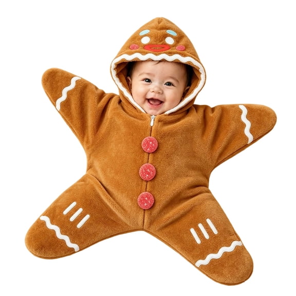 Baby Gingerbread Outfit Star Cut Hooded Winter Playwear Warm Jumpsuit Cosy Bodysuit 0-3 Months