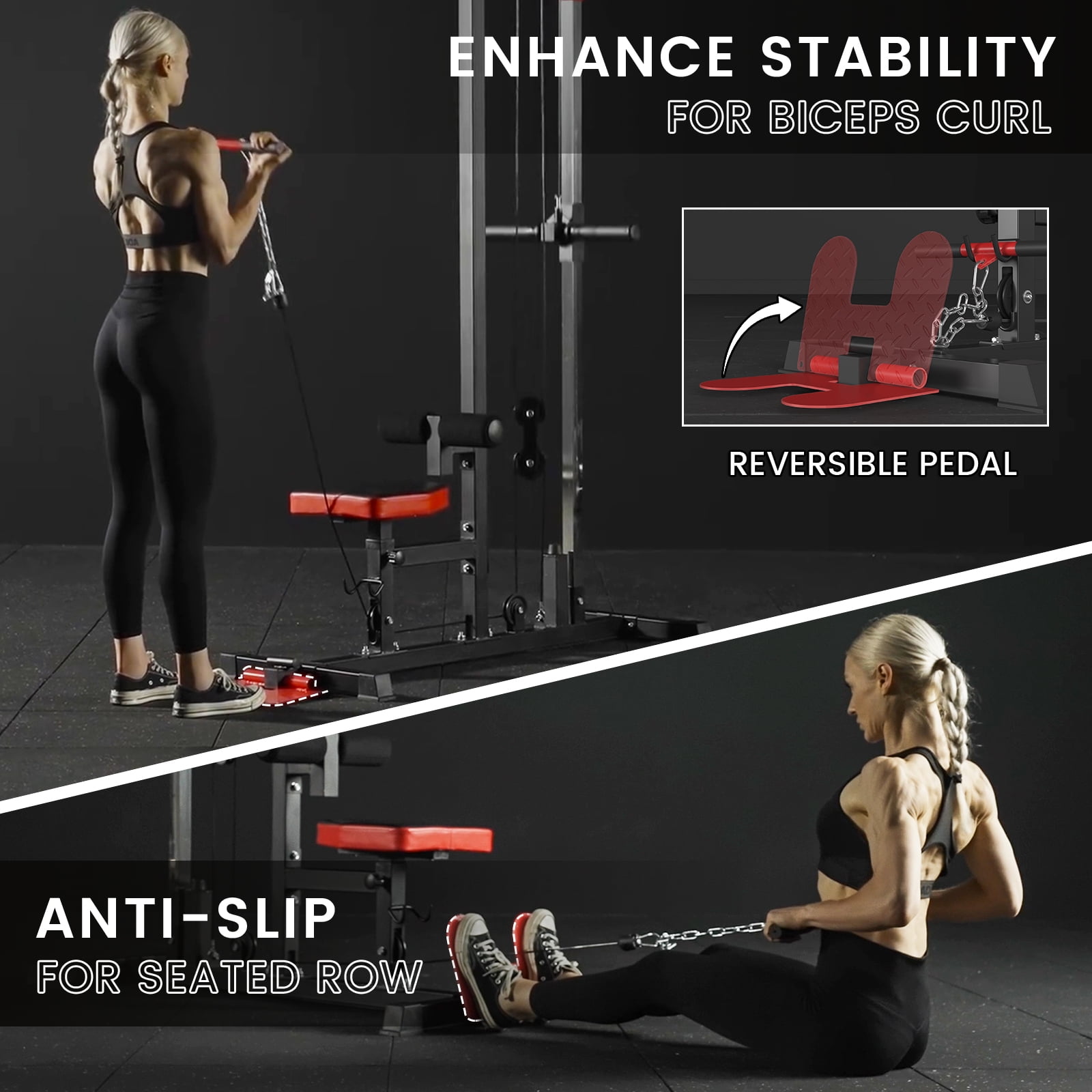Mikolo LAT Pull Down Machine Set, Multifunction Cable Workout Equipment with Flip-up Footplate and Plates Storage Posts