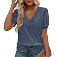 thumbnail image 5 of Ayolanni Collarless Basic Tees for Women V-Neck Patchwork Solid Short Sleeve Blouse Dressy Puff Oversized Outdoor Tees Summer Tops for Women 2026 Blue M, 5 of 7