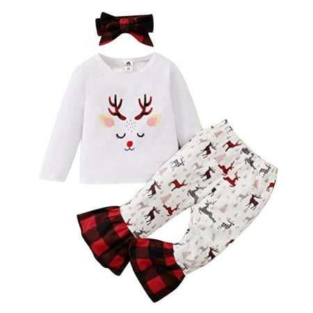 

TAIAOJING Toddler Girls 3Pcs Outfit Sets Baby Girl Christmas Outfits Long Sleeve Santa Deer Pullover Tops Bell Bottoms Flare Pants Hairband Outfit Fall Winter Clothes 2-3 Years