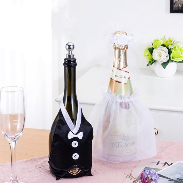 Juego de fundas para botellas de vino para novia y novio, decoración de copas de vino, decoración para fiesta de boda, funda para vino y champán, traje para boda, fiesta de compromiso, accesorios de