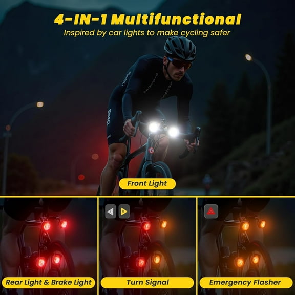 Smart Bike Lights System - Headlight, Taillight, Turn Signal with Remote, IP67 Waterproof for Night Riding