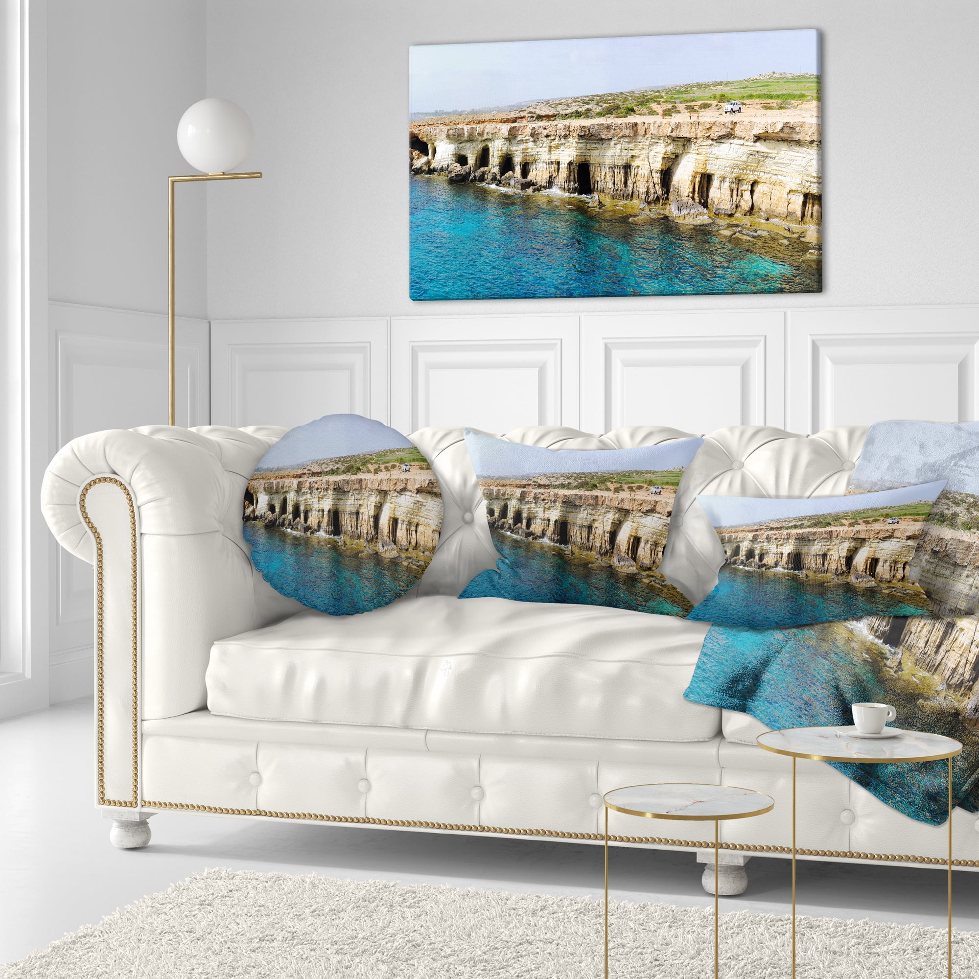 Designart Sea Caves near Cape Greko Panorama - Modern Seascape Throw Pillow - 12x20