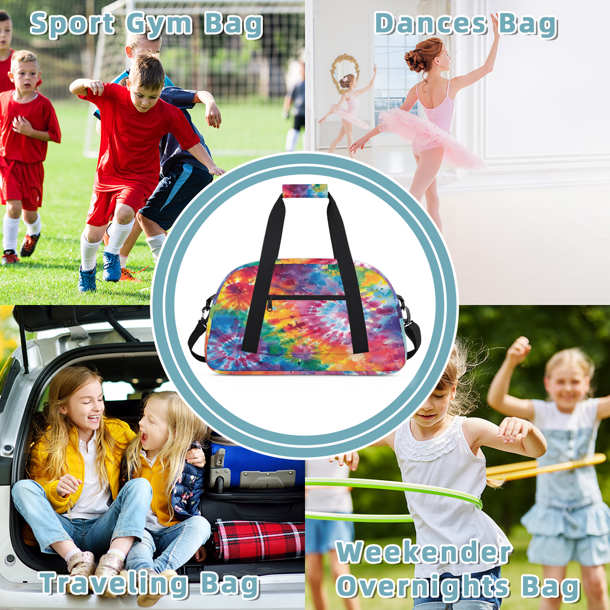 Herdesigns Tie Dye Sports Duffle Bag for Women & Men, Colorful Gym Bag Dance Bag Overnight Bag Carry On Weekender Travel Bag