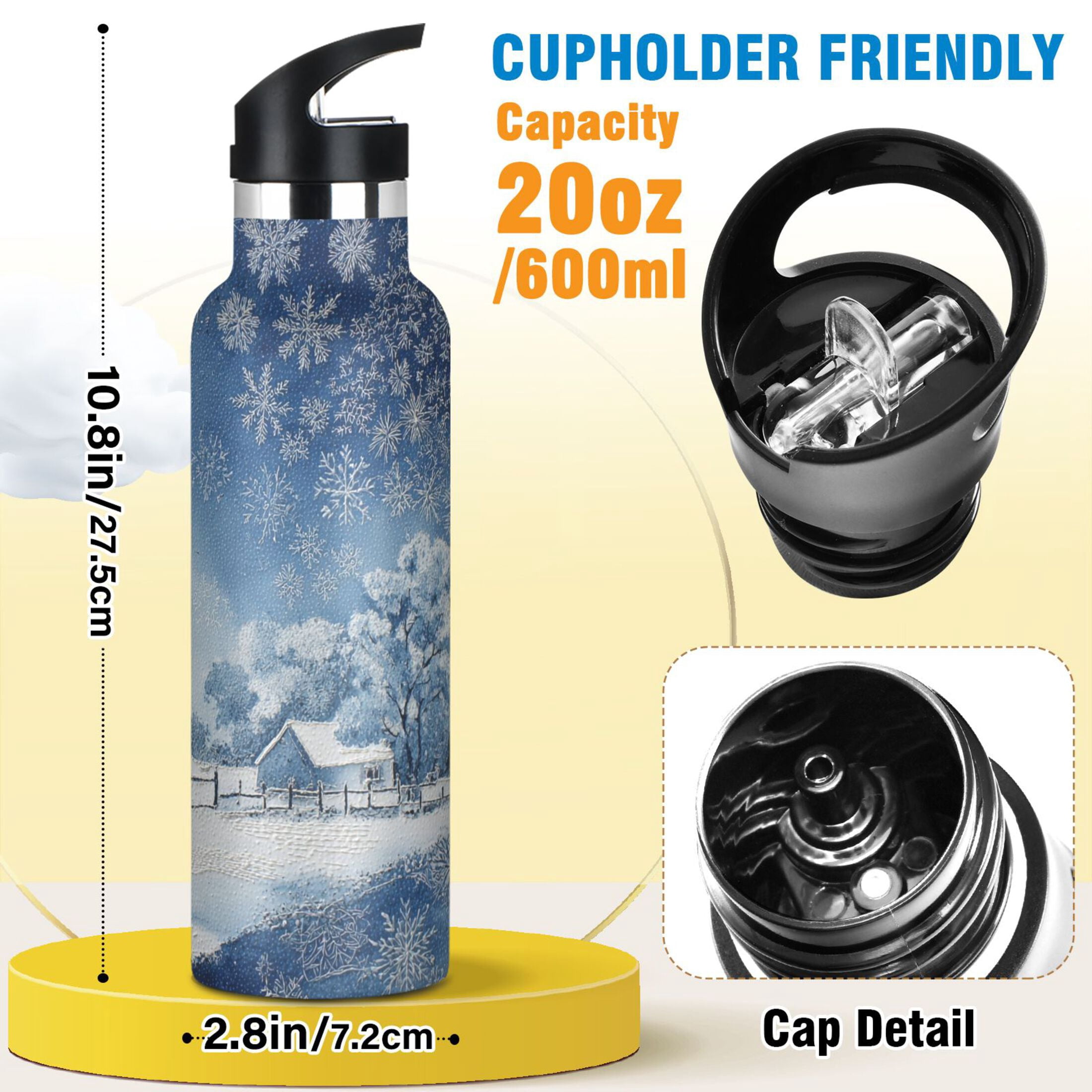 600ML Stainless Steel Insulated Cup Sports Water Bottle Portable Thermos Cup Water Glasses Insulated Tumblers Convenient and Durable Winter Scene