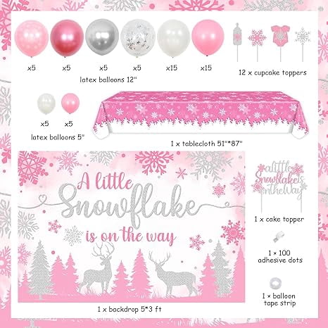 Snowflake Baby Shower Decorations, A Little Snowflake Is On The Way Backdrop Cake Topper Balloon Garland Arch Kit Tablecloth Pink for Girls Winter Baby Shower Party Supplies