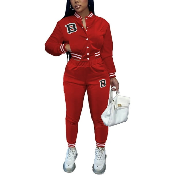 Innerwin Sweatsuit Bomber Jacket And Pants Women 2 Piece Varsity Outfits  Sports Long Sleeve Cropped Tracksuit Red L 