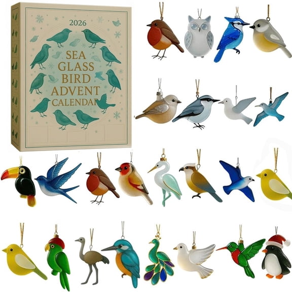 Sea Glass Christmas Advent Calendar, 24‑Count 2D Acrylic Hummingbird Pendants, Christmas Tree Hanging Ornaments for Home Window Wall Door Car Holiday Decor