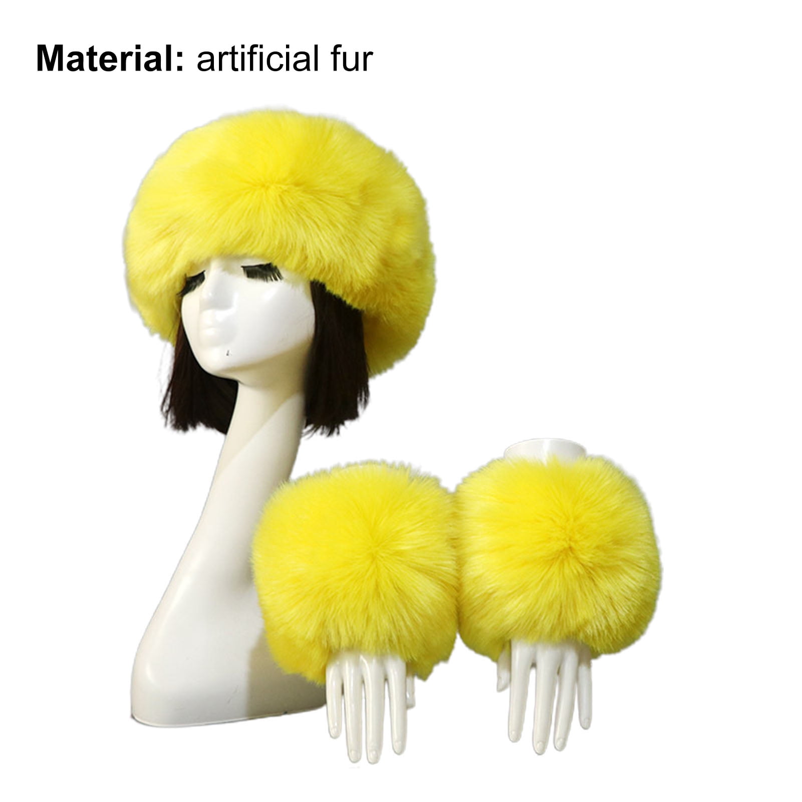 comerut 1 Set Women Headband Gloves Solid Color All Match Faux Fur Furry Empty Top Hat Wrist Sleeves for Skiing
