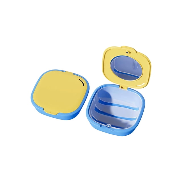 Eoozwa 3.4 Inch Multi Functional Braces Storage Box with Mirror Portable Dust Proof Dental Retainer Case for Travel, Built in Mirror and Cleaning Compartment, Compact Plastic Container