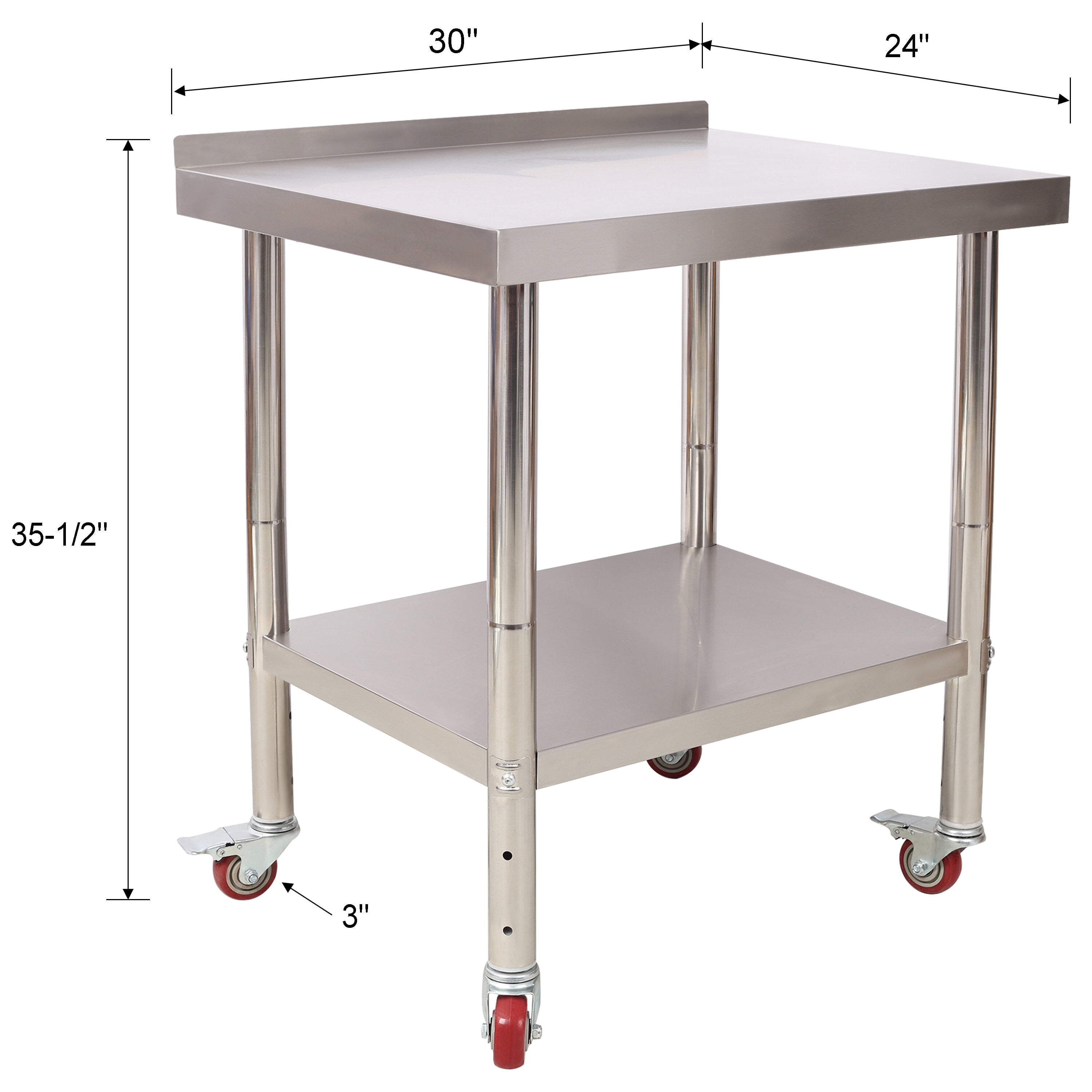 Stainless Steel Prep Table, 30 x 24 x 35-1/2 Inch, 440lbs Load Capacity Heavy Duty Metal Worktable with Backsplash Adjustable Undershelf & 4 Casters, Commercial Workstation for Kitchen Restaurant