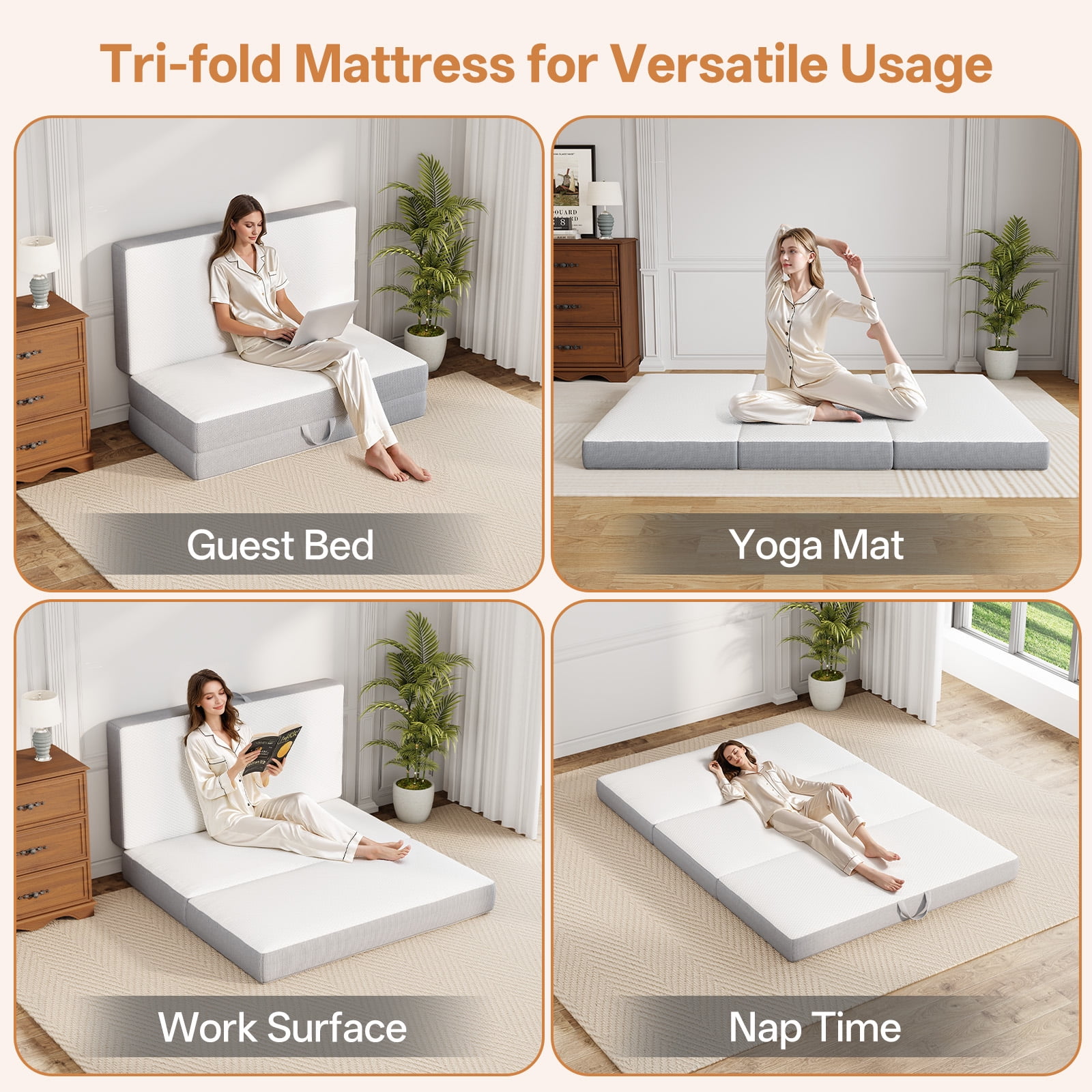 VKLIVING Tri-Fold Memory Foam Mattress,6 Inch Portable Floor Mattress with Washable Cover, Non-Slip Bottom & Breathable Mesh Sides for Guest Bed, Camping, Home, RV