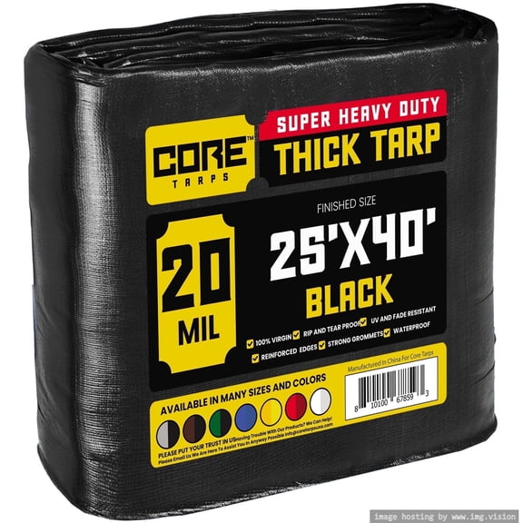 Core Tarps 20 Mil Heavy Duty Tarp Tarpaulin Waterproof Cover, Black 25' x 40'