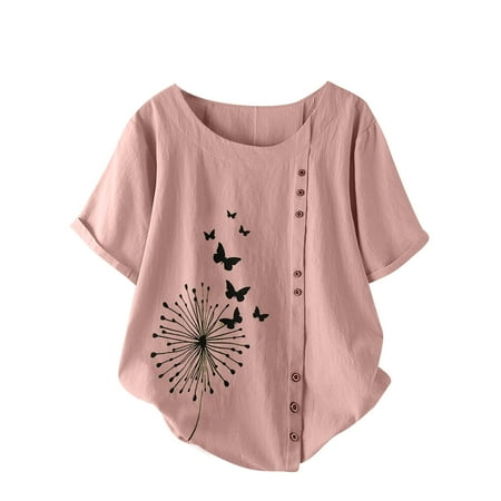 

Outtop Women S Butterfly Dandelion Printed Cotton Linen Shirt Short Sleeve Top