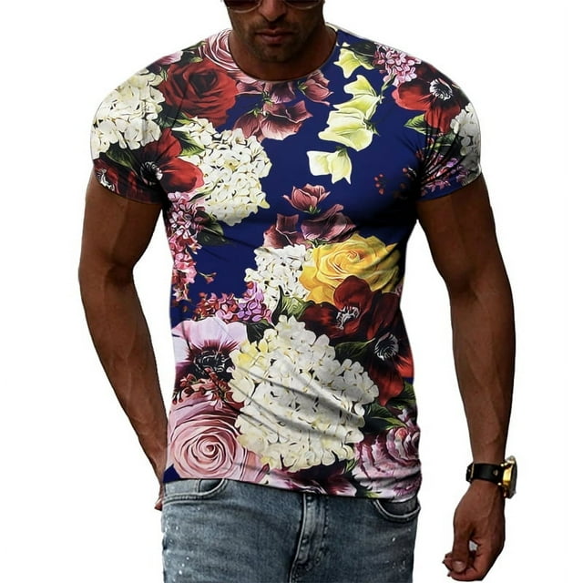 Summer Men's Flower Pattern Printed T-Shirt Hip-Hop Element Trend Round Neck Tees Seasonality Fashion Handsome Short Sleeve Tops