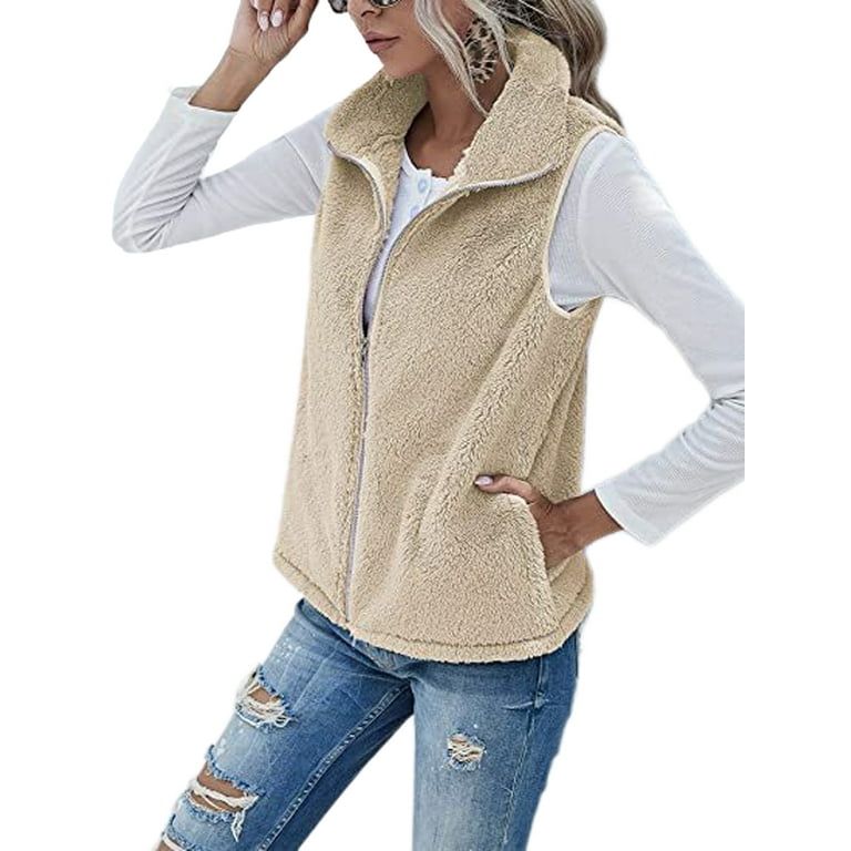 Frontwalk Fuzzy Fleece Sleeveless Jacket for Women Winter Zip Up Outwear  Waistcoat Solid Color Warm Vest With Pockets Khaki XL