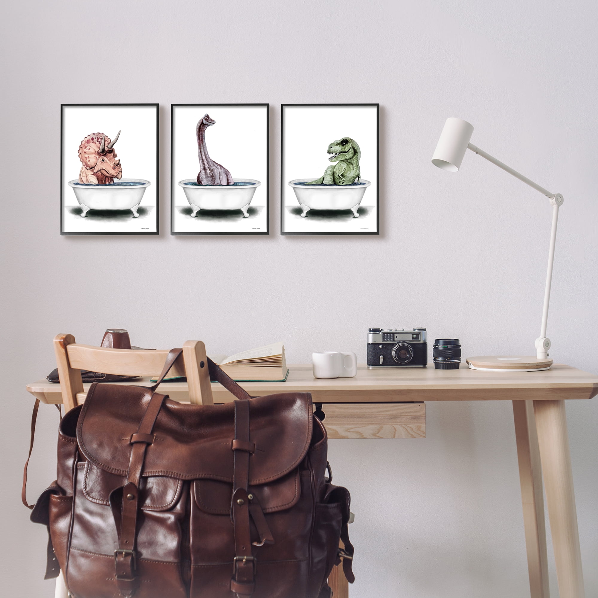 Stupell Fun Dinosaurs Bathroom Tubs Animals & Insects Painting Black Framed Art Print Wall Art, Set of 3