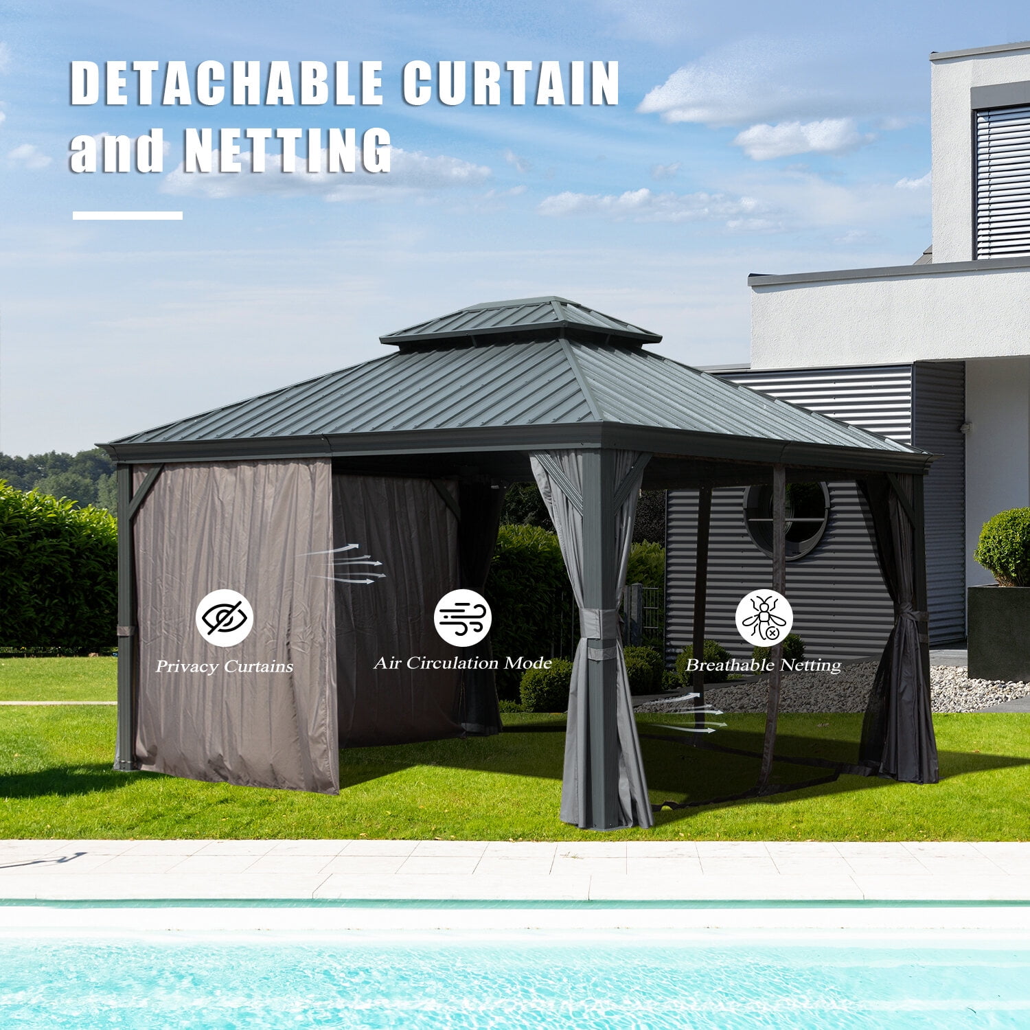 Patio Gazebos, 10' X 12' Hardtop Gazebo Outdoor Metal Gazebo with Galvanized Steel Double Roof Canopy, Aluminum Frame, Curtains and Netting for Patio, Deck, Garden, Grey, Grey Backyard Gazebos