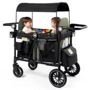 LINLUX 2 Kids Wagon Stroller, Foldable Outdoor 2-Seat Stroller Wagon, Removable Canopy, 55 Pound, Green