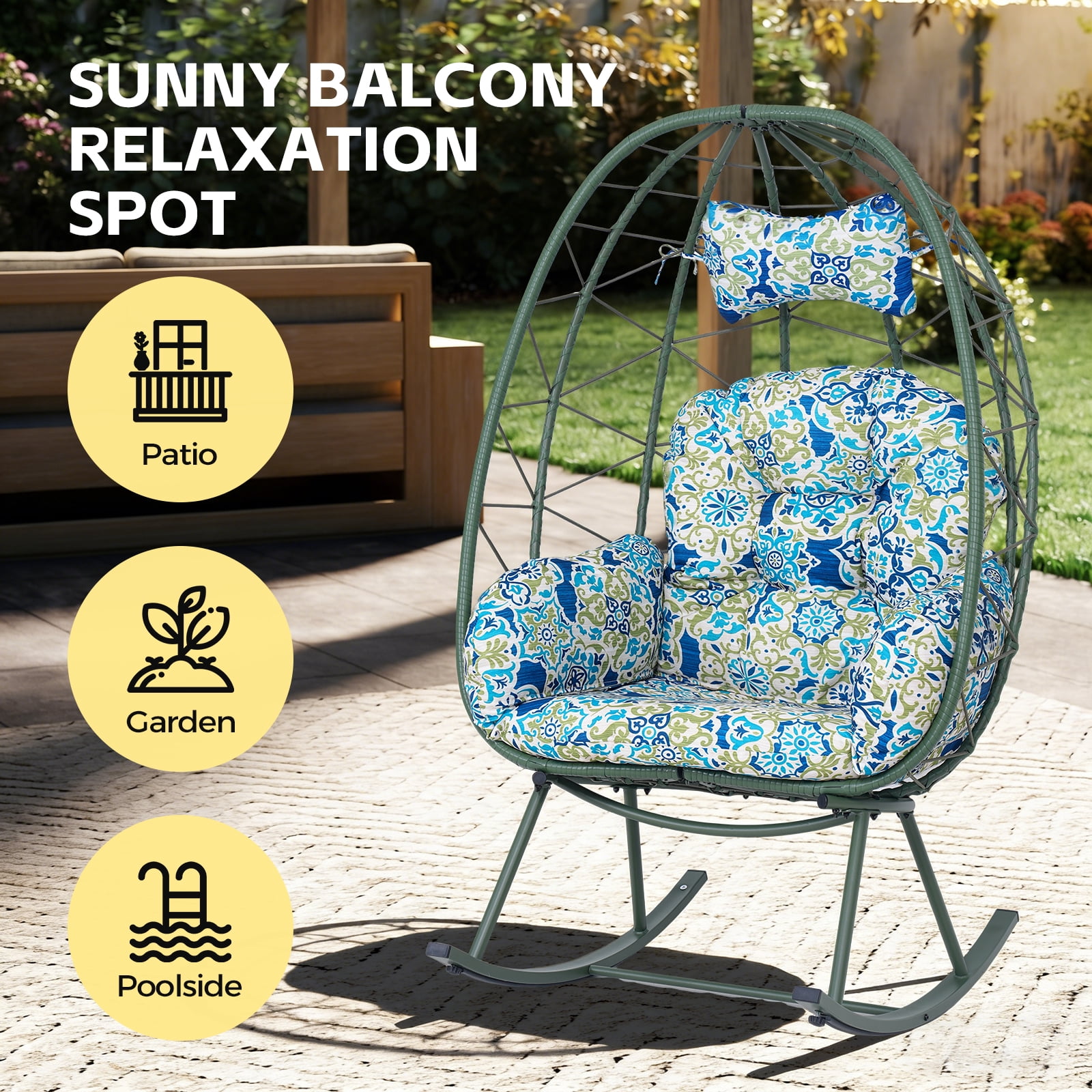 Foldable Wicker Egg Rocking Chair, 330LBS Capacity Cocoon Lounge Chair with Thick Cushion & Pillow, Weather Resistant Rattan Single Rocker for Patio Balcony Bedroom Living Room