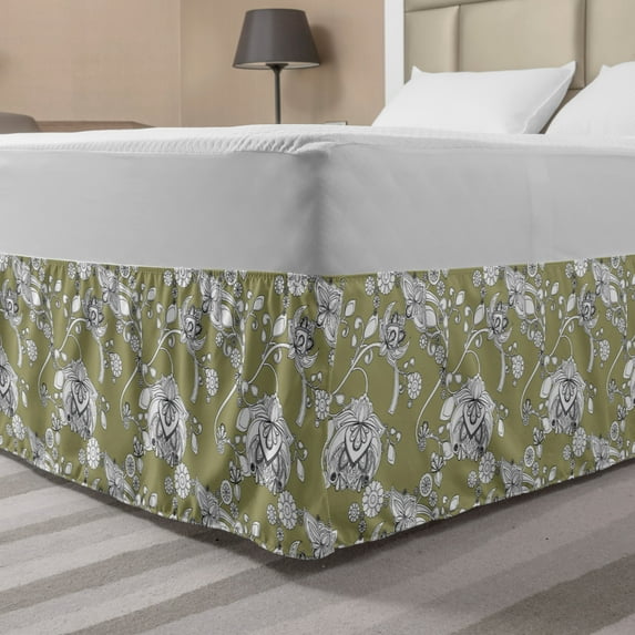 Flower Bed Skirt, Hand Drawn Arrangement of Flowers Vintage Composition Doodle Style Bloom, Elastic Bedskirt Dust Ruffle Wrap Around for Bedding Decor, 4 Sizes, Sepia Black and White, by Ambesonne
