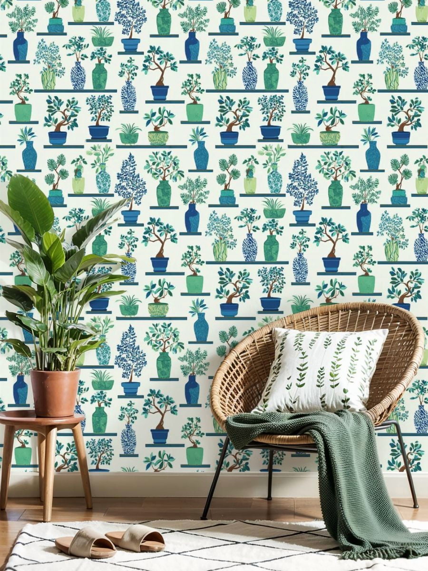 Peel and Stick Wallpaper 17.7in x 9.8ft Greenery Botanical Vases Stylized Plants Florals Contact Paper Vinyl Self-Adhesive Removable Wall Paper for Bedroom DIY Home Decor Renter Friendly
