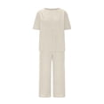 thumbnail image 4 of Oplxuo Women’s Summer Linen 2 Piece Outfits - Short Sleeve Loose V Neck Tunic Tops Cropped Pants Travel Lounge Sets, 4 of 5