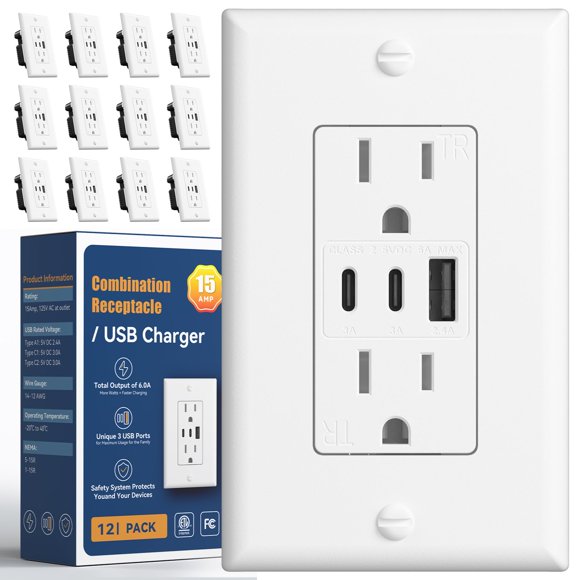 Amico 6.0A USB Outlet 12 Pack, 3-Port 30W Wall Outlets with 2 Type C & 1 Type A, 15 Amp Receptacle Plug, Tamper Resistant Receptacle, Wall Plate Included, ETL Listed