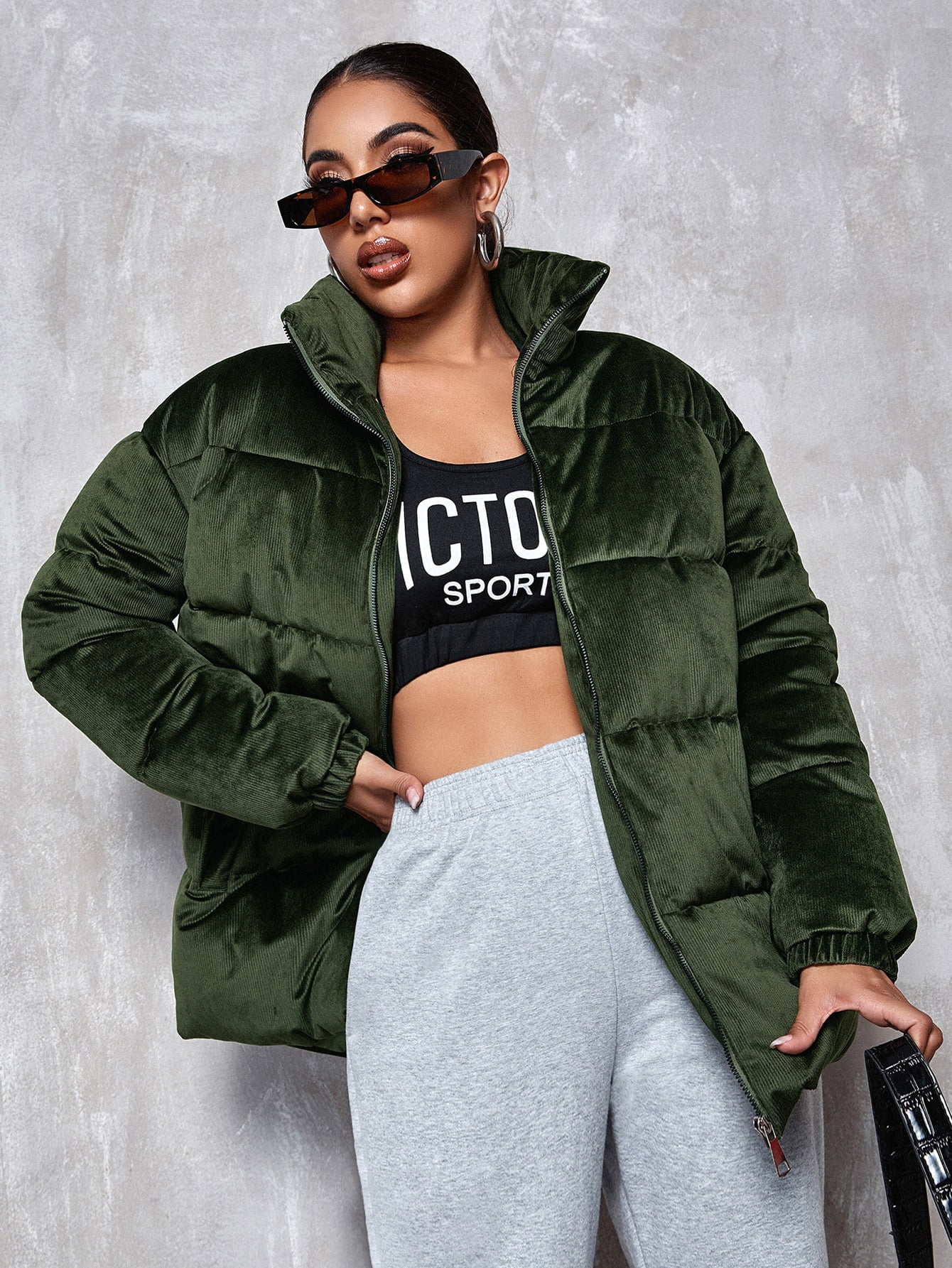 Women's Slant Pockets Corduroy Puffer 