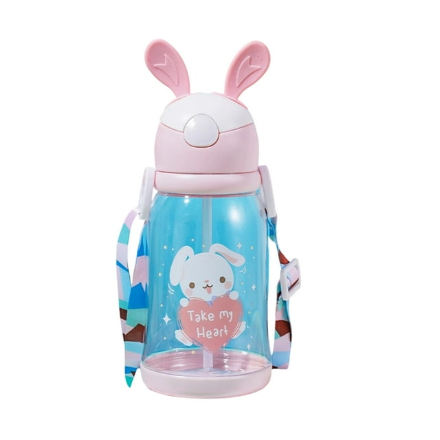Pink Water Bottle Rabbit Shaped Strap Water Bottle With Flip Top Lid Large Capacity Straw Water Bottle 600Ml Plastic Pink Color For Students Office Fitness