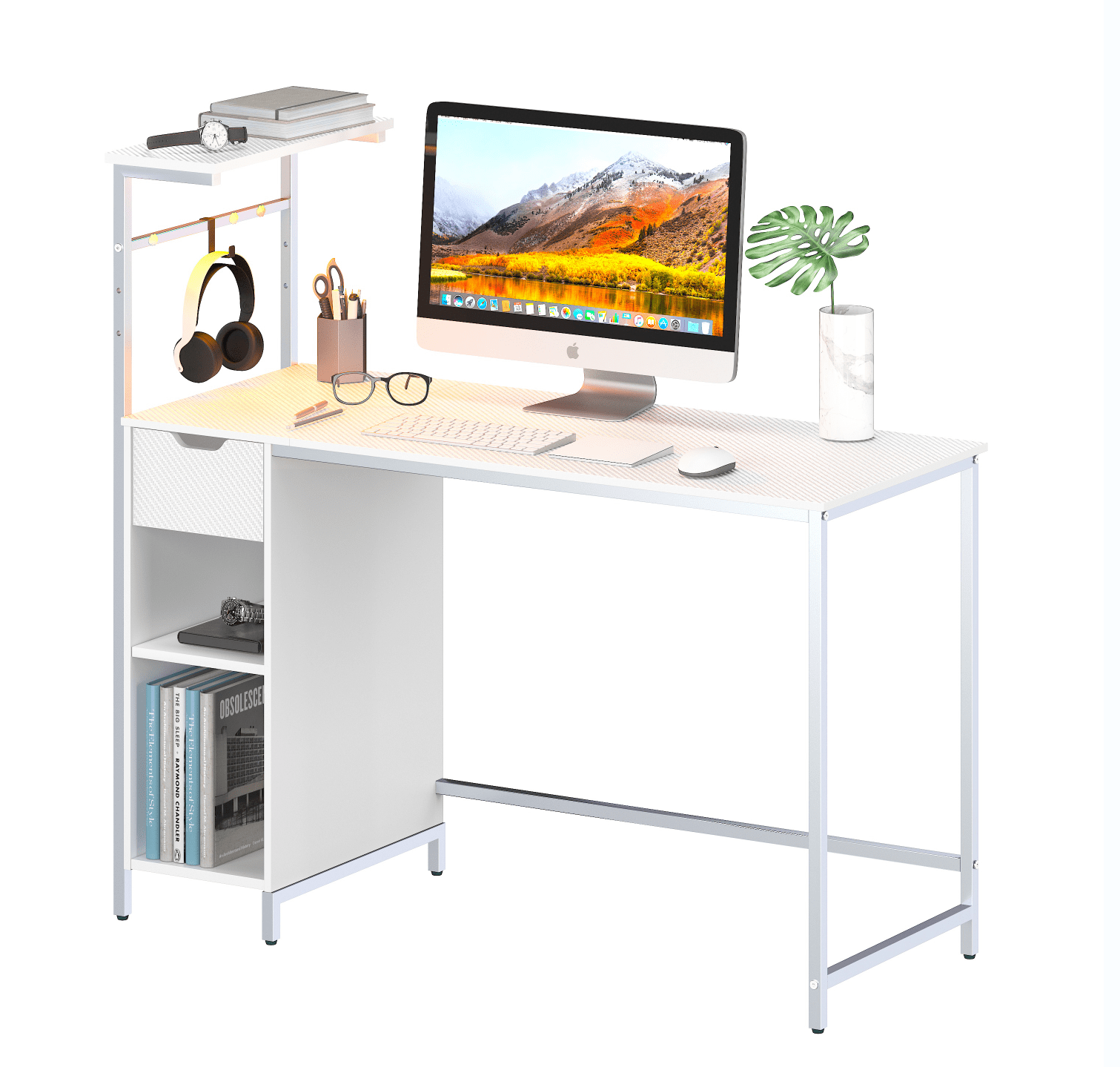 Bestier 48 inch LED Computer Gaming Desk with Drawer, Home Office PC Table with Storage Shelf in White